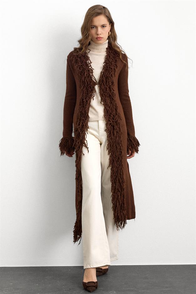 Püskül Detaylı Uzun Triko Hırka KAHVE 8281