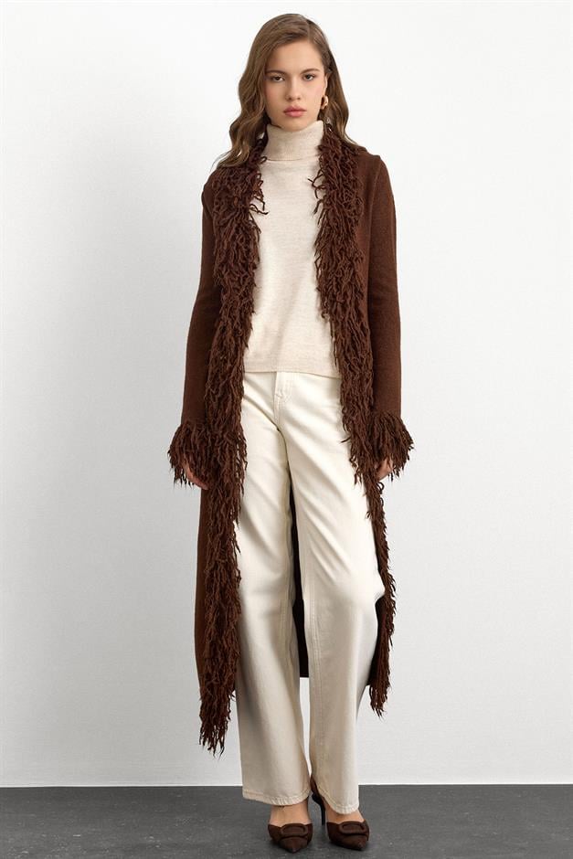 Püskül Detaylı Uzun Triko Hırka KAHVE 8281