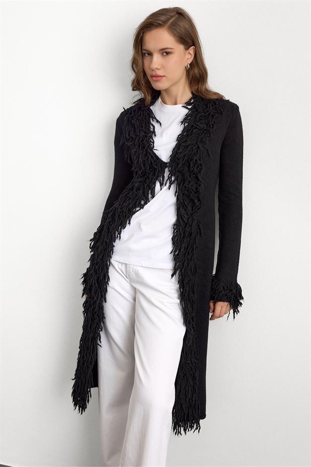 Püskül Detaylı Uzun Triko Hırka SİYAH 8281