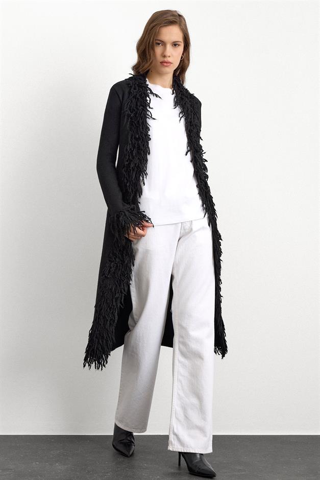 Püskül Detaylı Uzun Triko Hırka SİYAH 8281