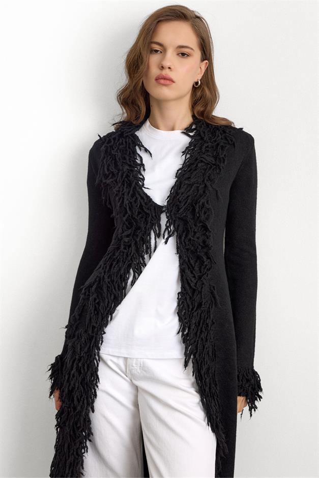 Püskül Detaylı Uzun Triko Hırka SİYAH 8281