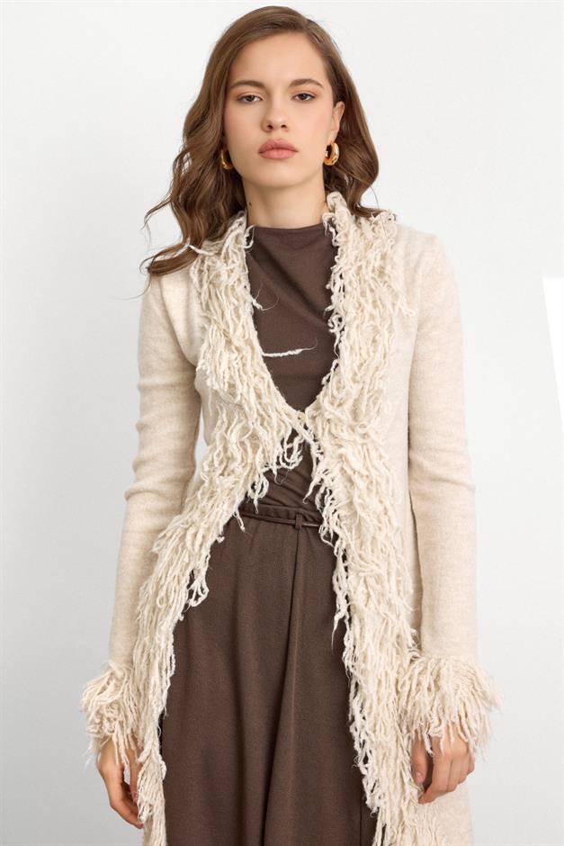 Püskül Detaylı Uzun Triko Hırka TAŞ 8281