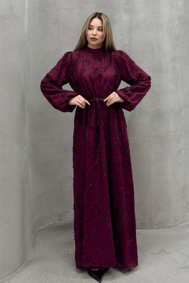 فستان سهرة للحجاب مع تفاصيل لامعة مزينة بالشراشيب حافة 1526