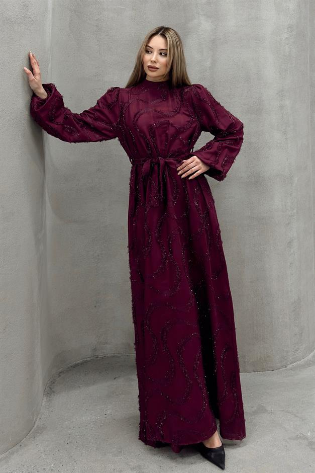 فستان سهرة للحجاب مع تفاصيل لامعة مزينة بالشراشيب حافة 1526