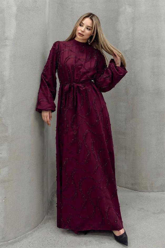 فستان سهرة للحجاب مع تفاصيل لامعة مزينة بالشراشيب حافة 1526