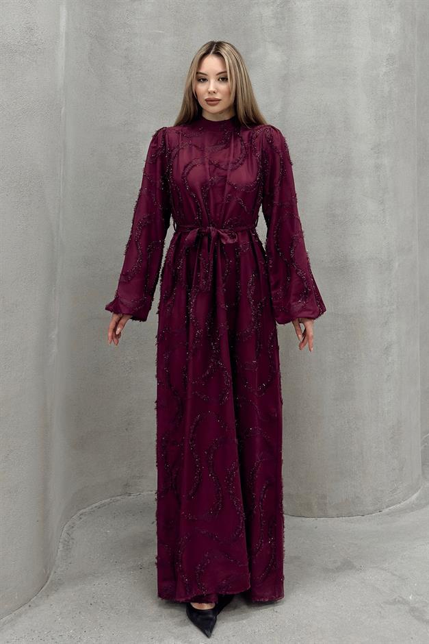 فستان سهرة للحجاب مع تفاصيل لامعة مزينة بالشراشيب حافة 1526