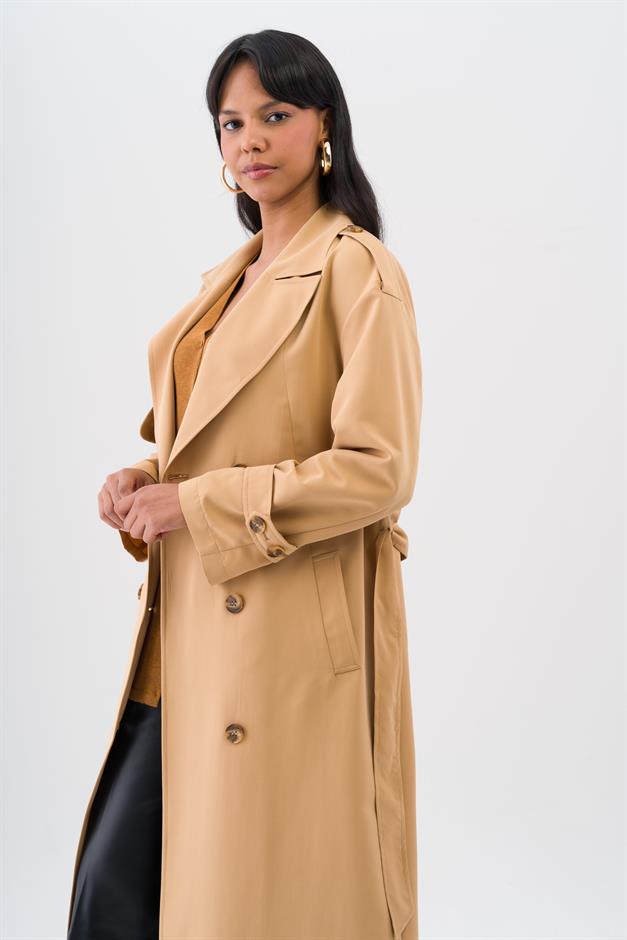 Rahat Kalıp Kruvaze Su İtici Özellikli Astarsız Trençkot KAMEL 6542