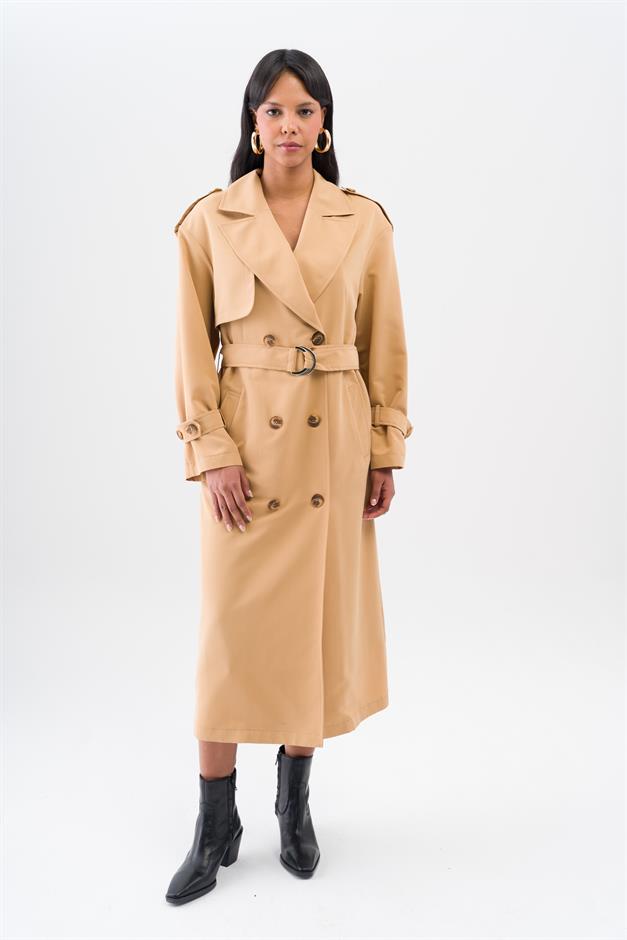 Rahat Kalıp Kruvaze Su İtici Özellikli Astarsız Trençkot KAMEL 6542