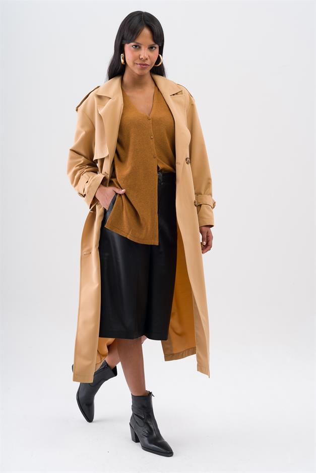 Rahat Kalıp Kruvaze Su İtici Özellikli Astarsız Trençkot KAMEL 6542