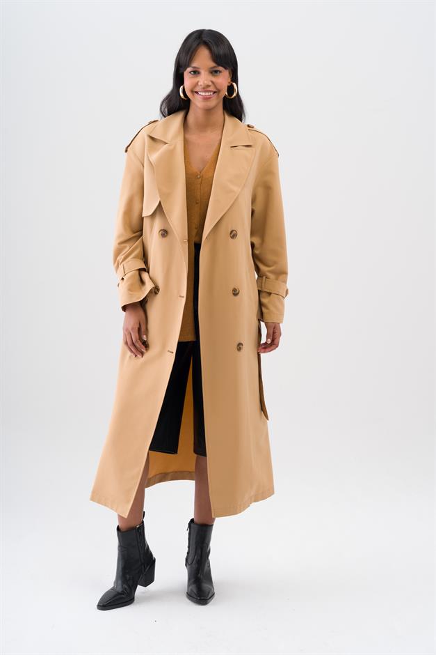 Rahat Kalıp Kruvaze Su İtici Özellikli Astarsız Trençkot KAMEL 6542