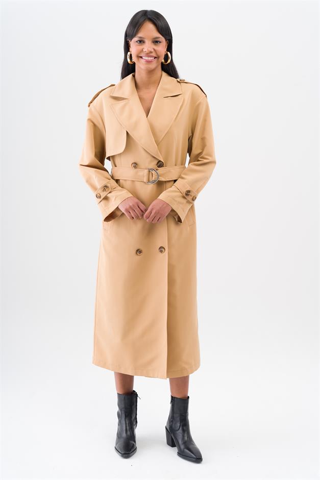 Rahat Kalıp Kruvaze Su İtici Özellikli Astarsız Trençkot KAMEL 6542