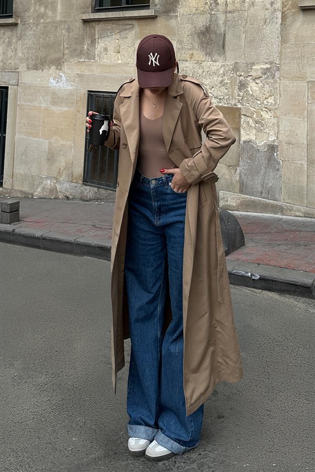 معطف ترنش طويل بدون بطانة بأكمام راجلان وكتف مكشوف وتفاصيل عباءة كامل 6701