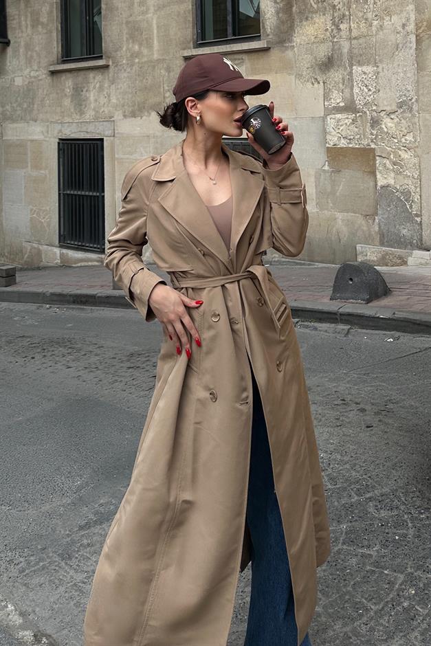 معطف ترنش طويل بدون بطانة بأكمام راجلان وكتف مكشوف وتفاصيل عباءة كامل 6701