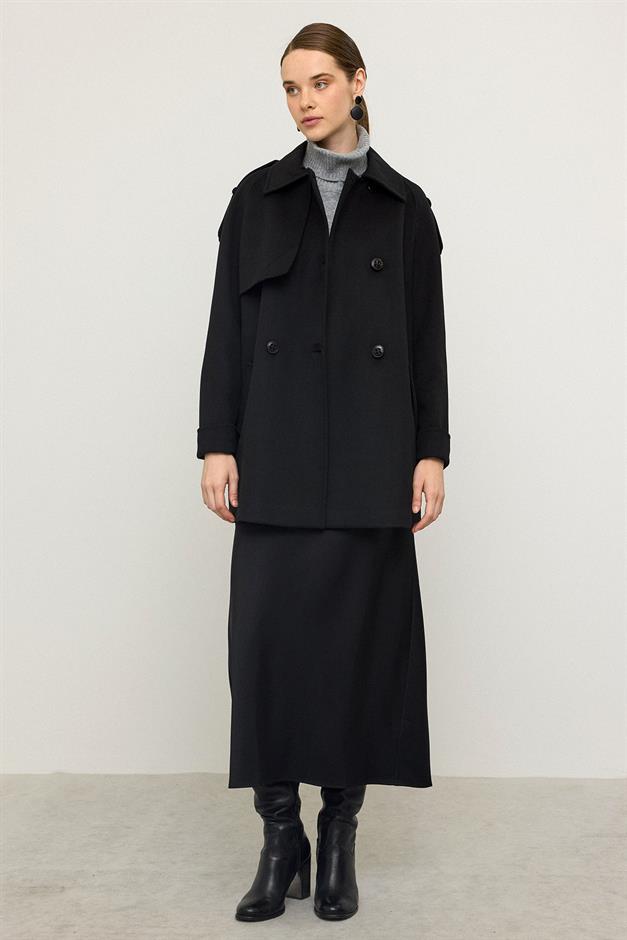 معطف من الكشمير بأكمام راجلان وكتف مدبب وتفاصيل عباءة أسود 3131