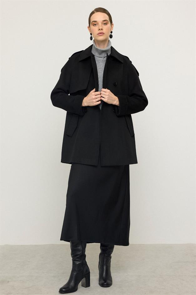 معطف من الكشمير بأكمام راجلان وكتف مدبب وتفاصيل عباءة أسود 3131