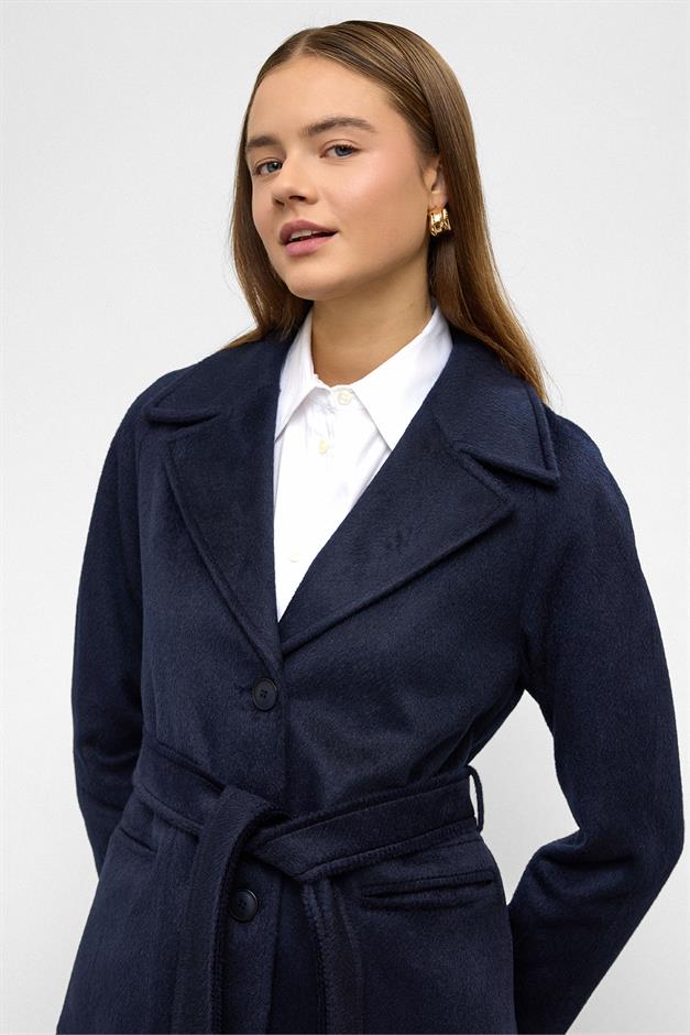 معطف من الموهير بأكمام راجلان وخصر مربوط الأزرق الداكن 3156