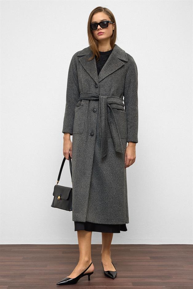 معطف من الموهير بأكمام راجلان وخصر مربوط أنثراسايت 3156