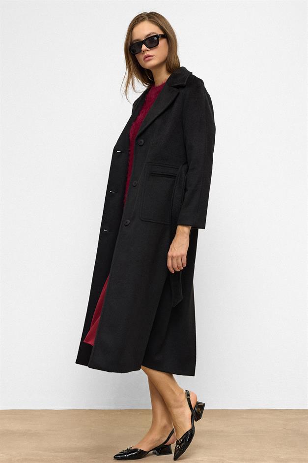 معطف من الموهير بأكمام راجلان وخصر مربوط أسود 3156