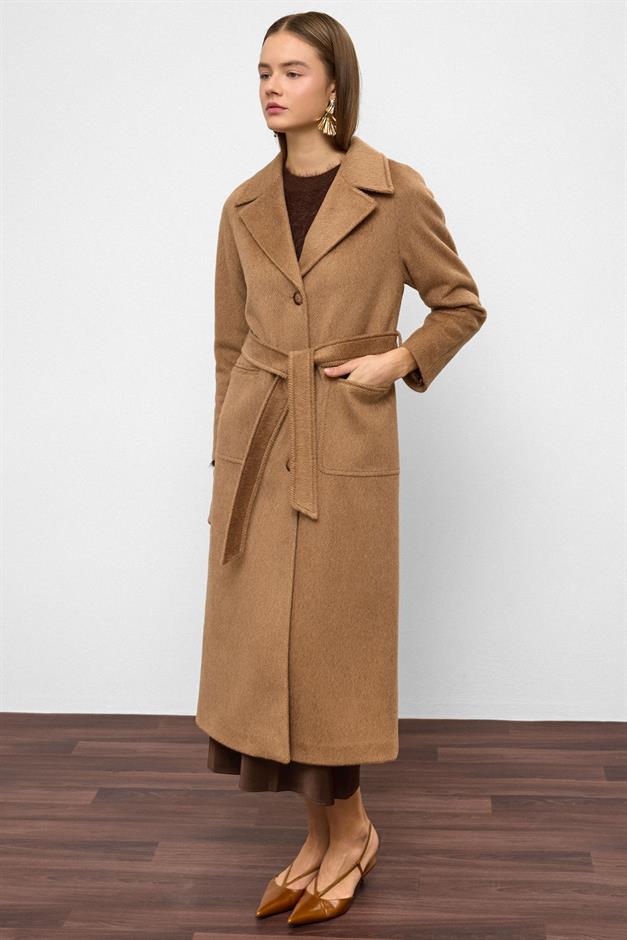 معطف من الموهير بأكمام راجلان وخصر مربوط كامل 3156