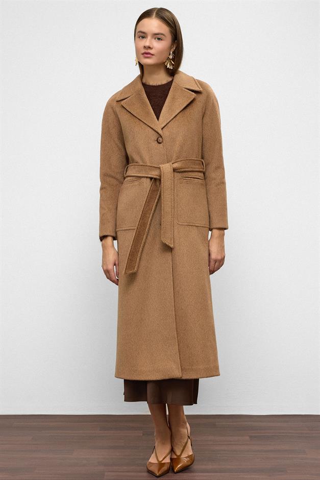 معطف من الموهير بأكمام راجلان وخصر مربوط كامل 3156