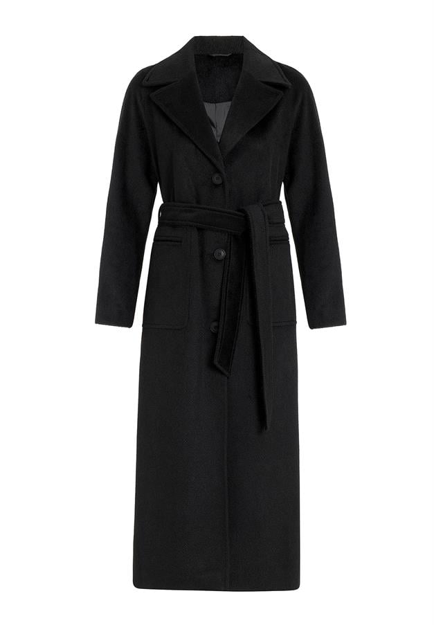 معطف من الموهير بأكمام راجلان وخصر مربوط أسود 3156