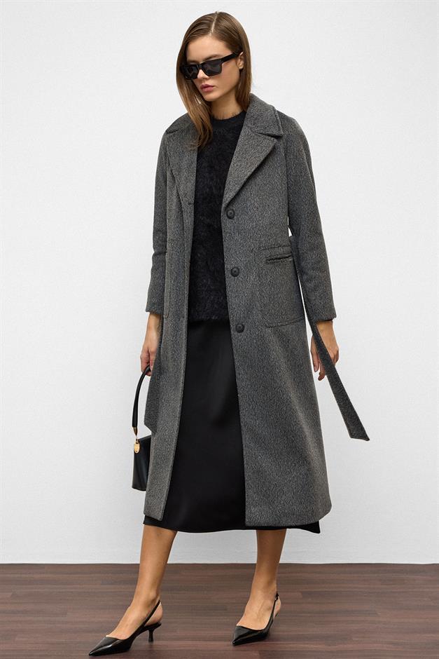 معطف من الموهير بأكمام راجلان وخصر مربوط أنثراسايت 3156