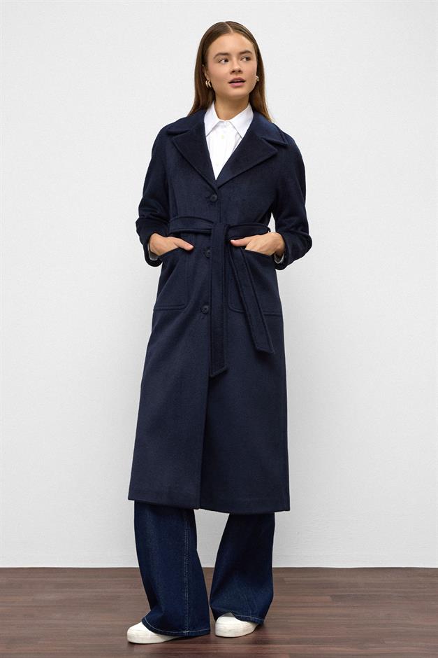 معطف من الموهير بأكمام راجلان وخصر مربوط الأزرق الداكن 3156