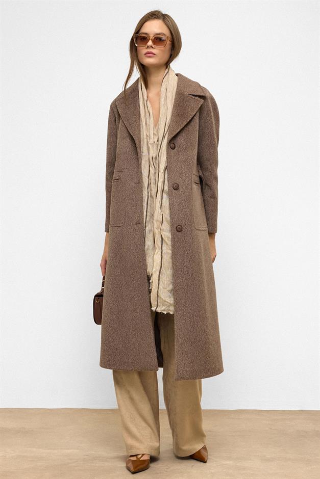 معطف من الموهير بأكمام راجلان وخصر مربوط لاتيه 3156