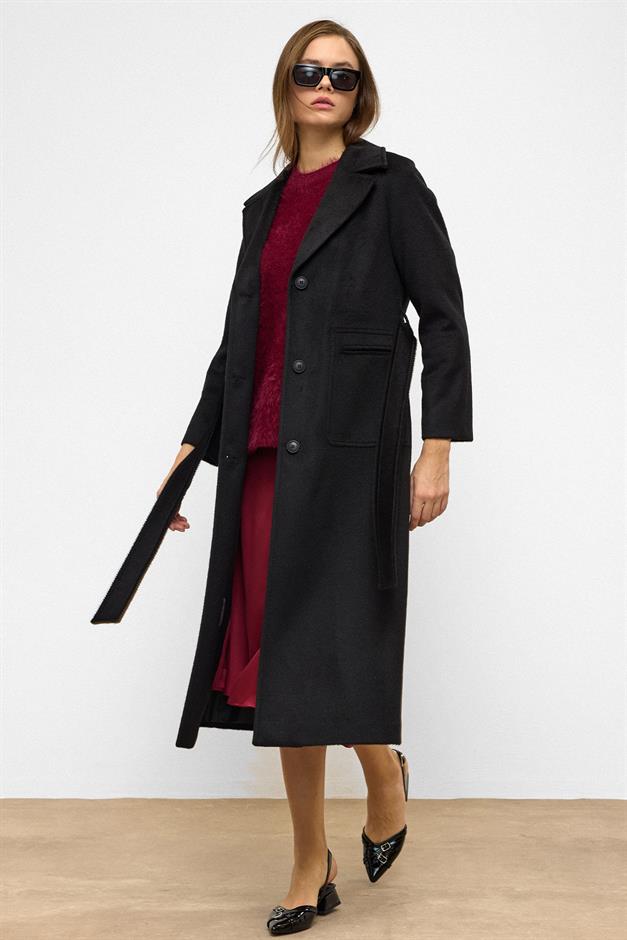 معطف من الموهير بأكمام راجلان وخصر مربوط أسود 3156