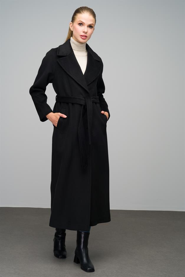 Raglan Sleeve Snap Closure Maxi Coat BLACK 3063-Y