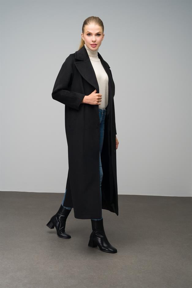 Raglan Sleeve Snap Closure Maxi Coat BLACK 3063-Y