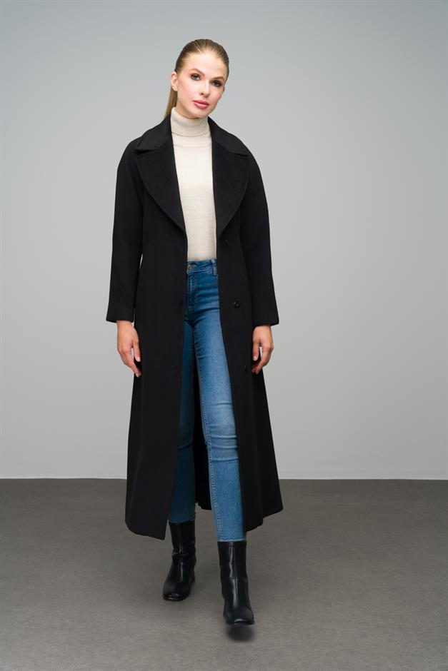 Raglan Sleeve Snap Closure Maxi Coat BLACK 3063-Y