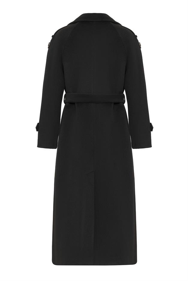 معطف طويل من الجلد بأكمام راجلان وكتف مفصل أسود 3084