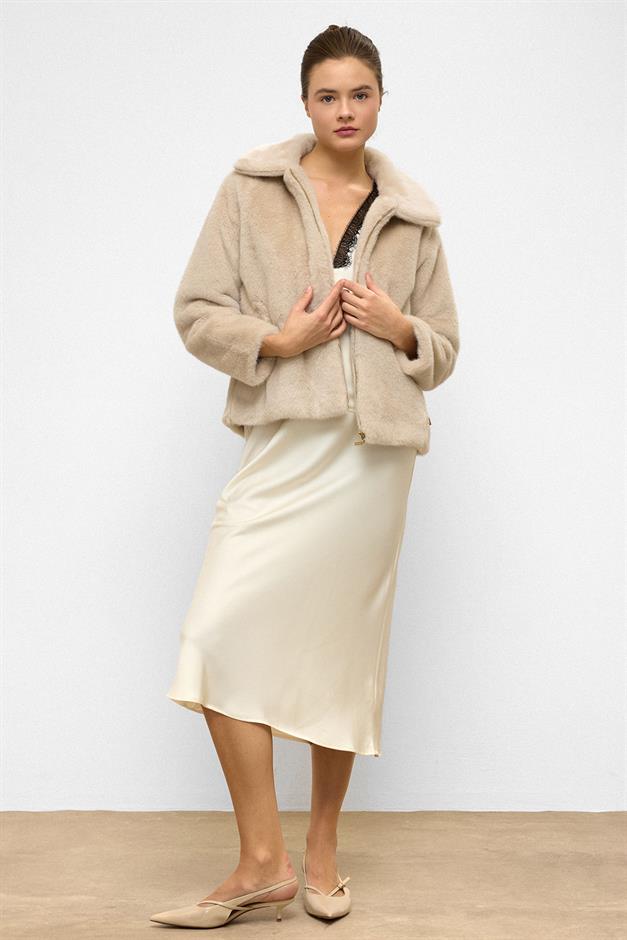 Reglan Kol Fermuarlı Suni Kürk Ceket BEJ 1012