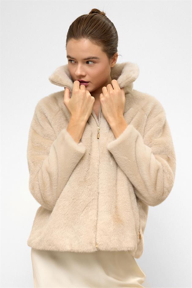 Reglan Kol Fermuarlı Suni Kürk Ceket BEJ 1012