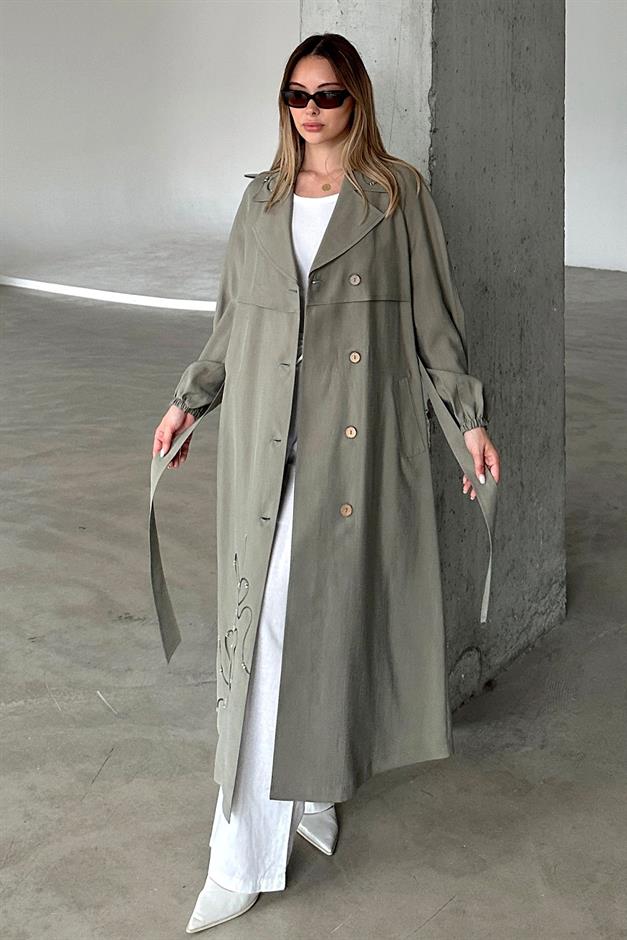 Raglan Sleeve Embroidered Detailed Unlined Modal Coat DRAB 6735