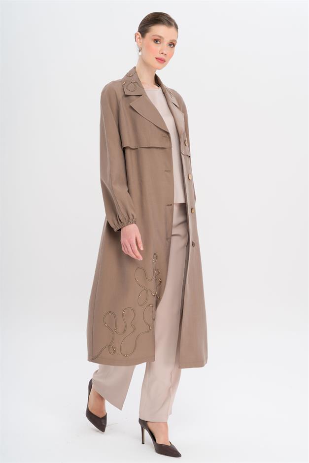 Raglan Sleeve Embroidered Detailed Unlined Modal Coat A.COFFEE 6735