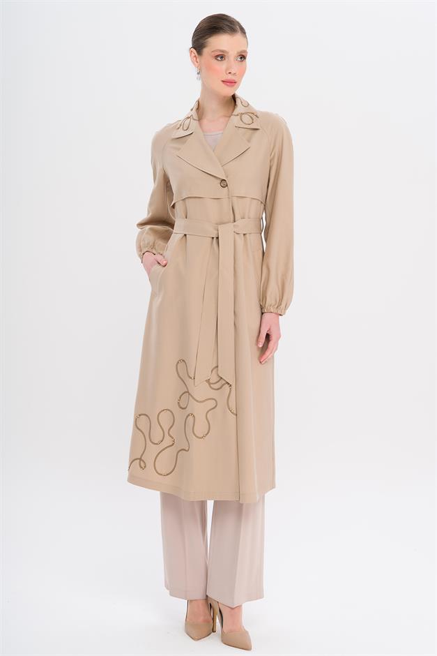 Raglan Sleeve Embroidered Detailed Unlined Modal Coat IVORY 6735