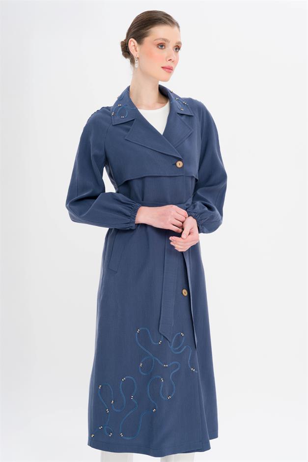 Raglan Sleeve Embroidered Detailed Unlined Modal Coat İNDİGO 6735