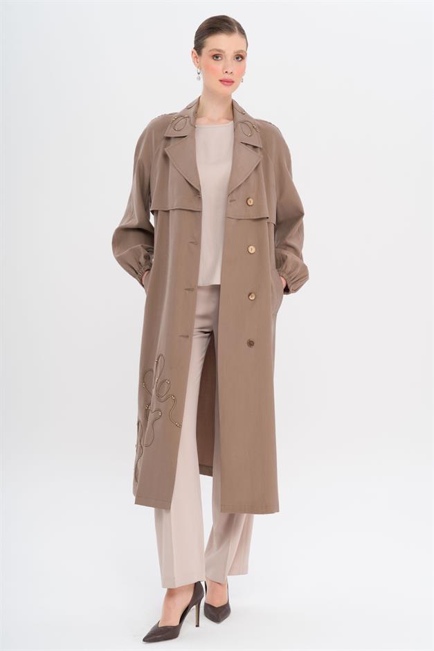 Raglan Sleeve Embroidered Detailed Unlined Modal Coat A.COFFEE 6735