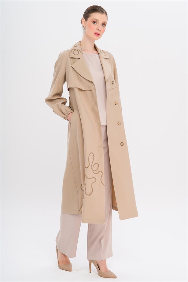 Raglan Sleeve Embroidered Detailed Unlined Modal Coat IVORY 6735