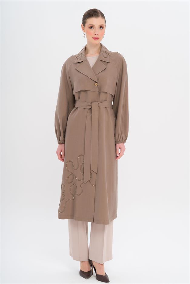 Raglan Sleeve Embroidered Detailed Unlined Modal Coat A.COFFEE 6735