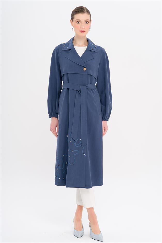 Raglan Sleeve Embroidered Detailed Unlined Modal Coat İNDİGO 6735