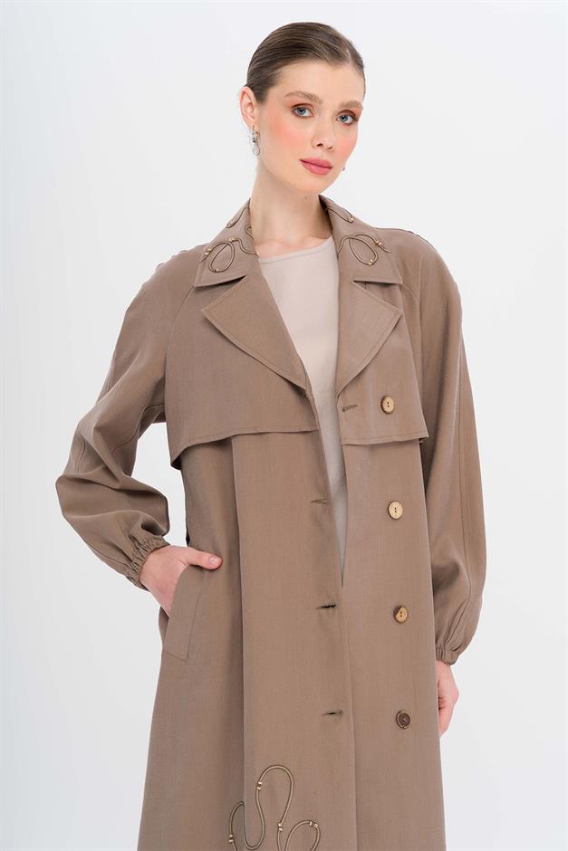 Raglan Sleeve Embroidered Detailed Unlined Modal Coat A.COFFEE 6735