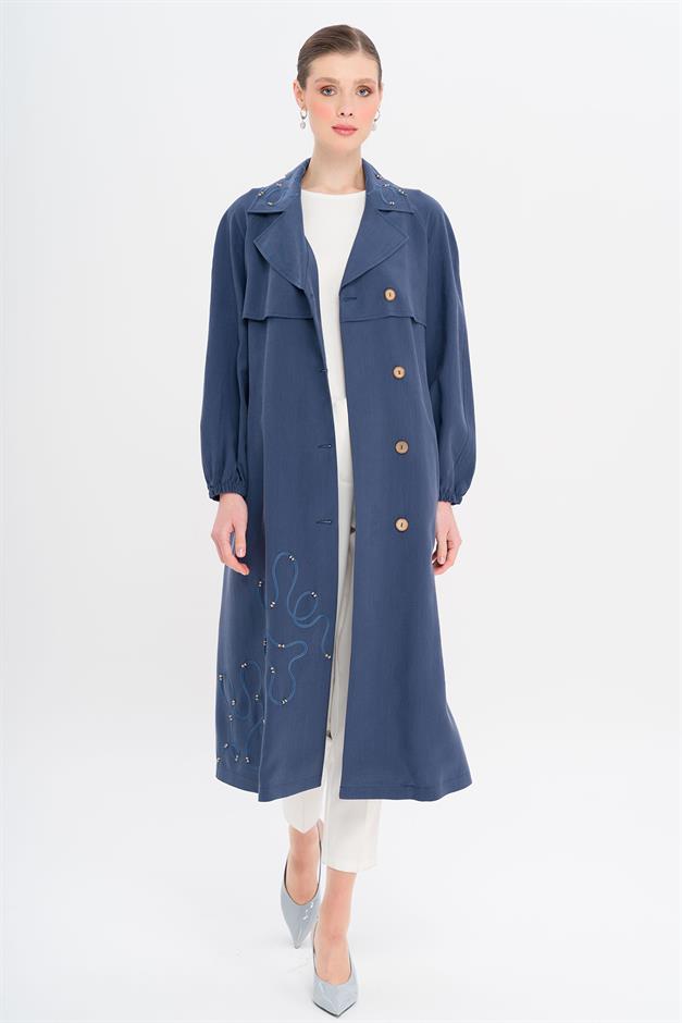 Raglan Sleeve Embroidered Detailed Unlined Modal Coat İNDİGO 6735