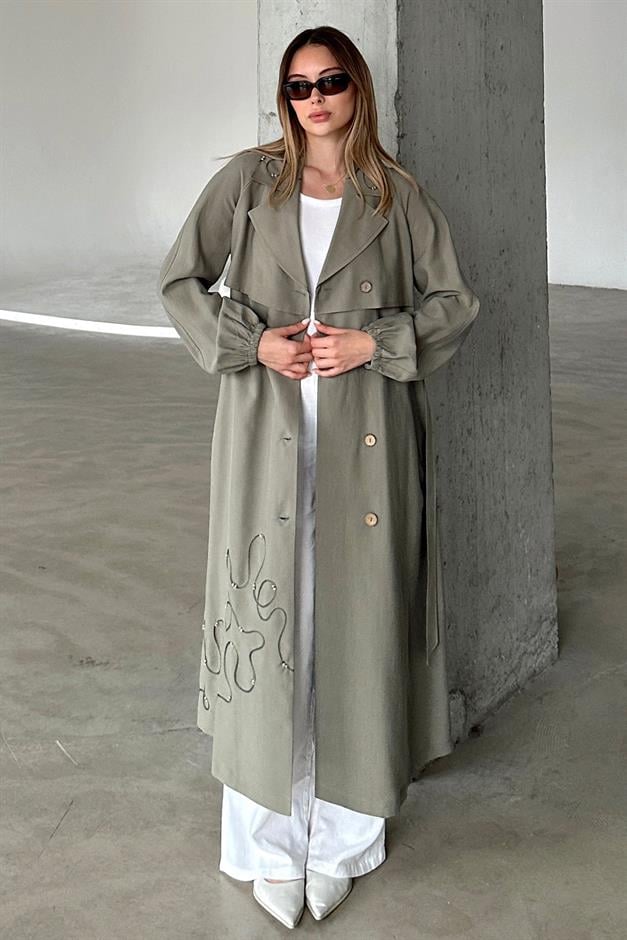 Raglan Sleeve Embroidered Detailed Unlined Modal Coat DRAB 6735