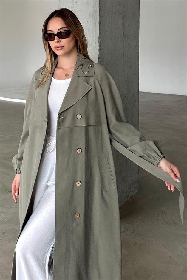 Raglan Sleeve Embroidered Detailed Unlined Modal Coat DRAB 6735