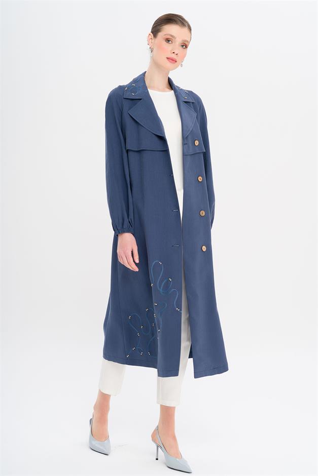 Raglan Sleeve Embroidered Detailed Unlined Modal Coat İNDİGO 6735