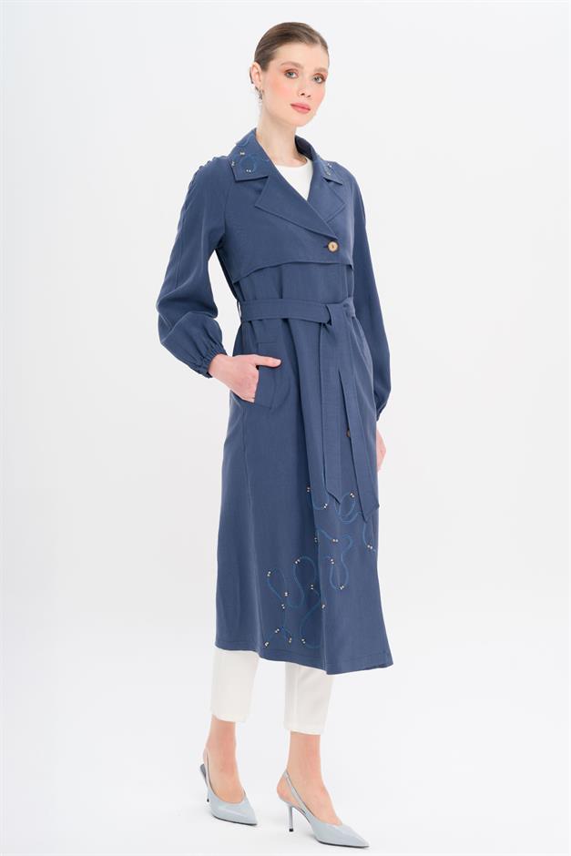 Raglan Sleeve Embroidered Detailed Unlined Modal Coat İNDİGO 6735