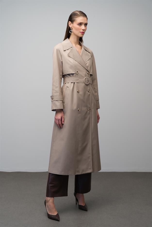 Raglan Sleeve Double Breasted Water Repellent Lined Long Trench Coat STONE 6642